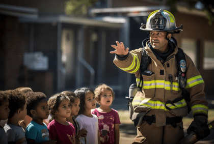 A firefighter speaking to a group of young children. 