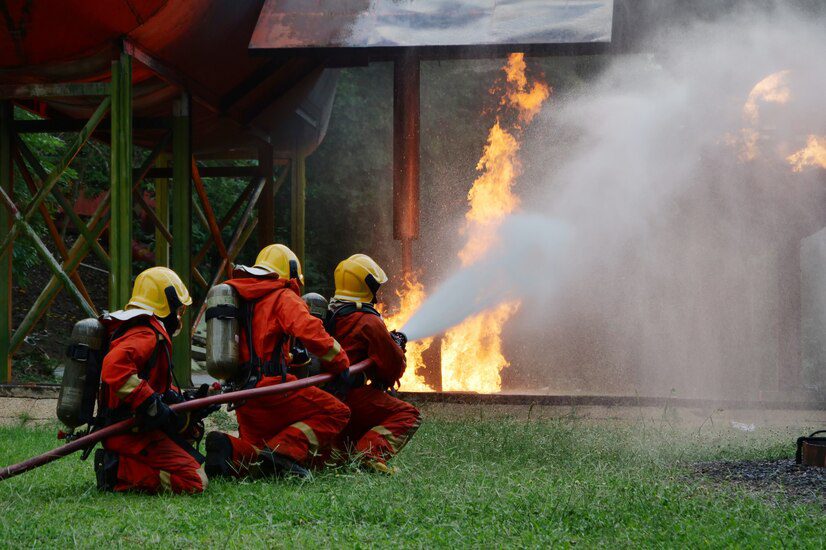 Three firefighters in orange suits and yellow helmets are using a hose to spray water on a large fire. The fire is partially obscured by the water spray and white smoke. They are outdoors, with green grass in the foreground and a large structure nearby.